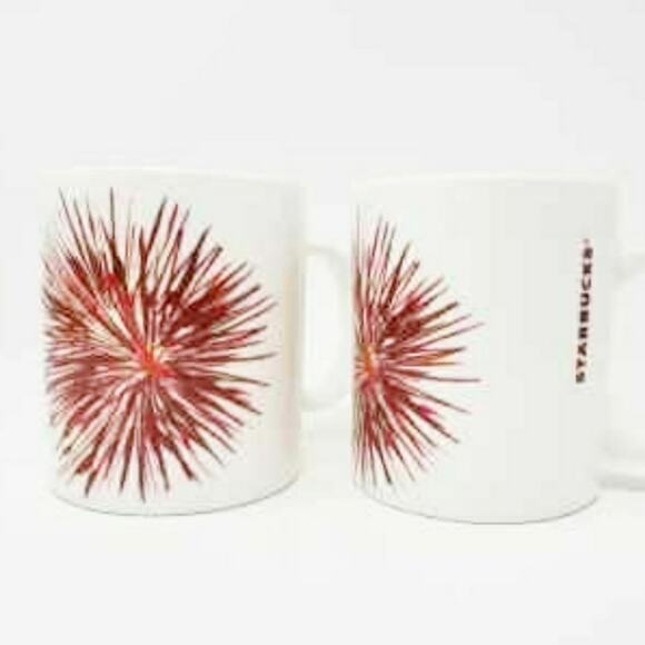 2014 Pair of 12 oz Starbucks Mugs White Red Burst Collectors coffee Mugs - Picture 2 of 10